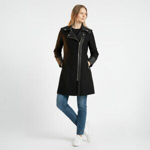 GUESS Wool Blend Asymmetric Zip Moto Coat Black Faux Leather Trim Size S